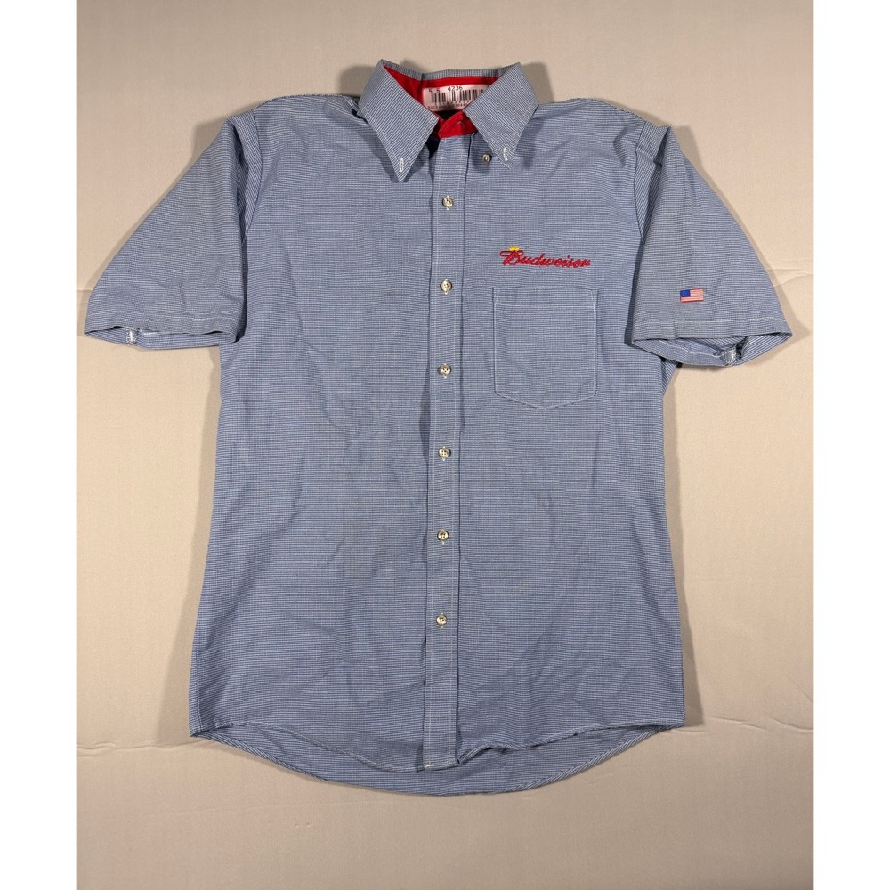 Cintas Budweiser Bud Light Work Shirt Mens Medium Blue Check Short Sleeve USA